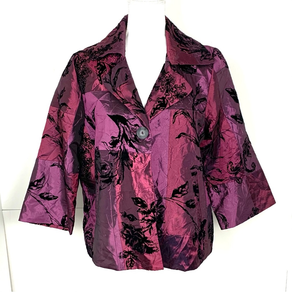 Susan Graver Women M Oversized Art To Wear Jacket Satin Velvet 3/4 Sleeve Pocket